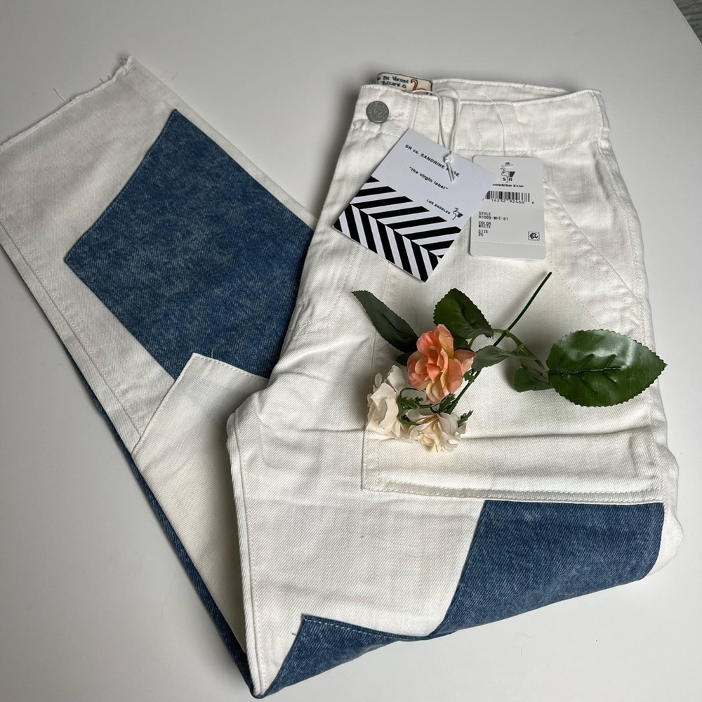 Free People x Sandrine Rose patchwork denim blue and white jeans. NWT